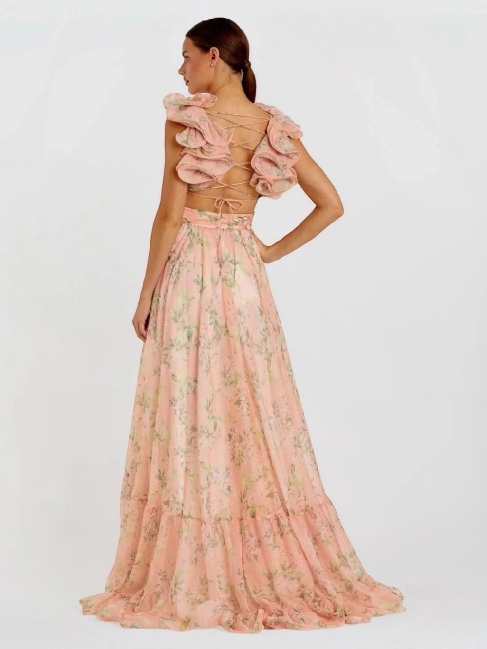 NWT Mac Duggal 67803 Ruffle Tiered Floral Cut-Out Chiffon Gown Maxi Dress Size 4 - Picture 4 of 14
